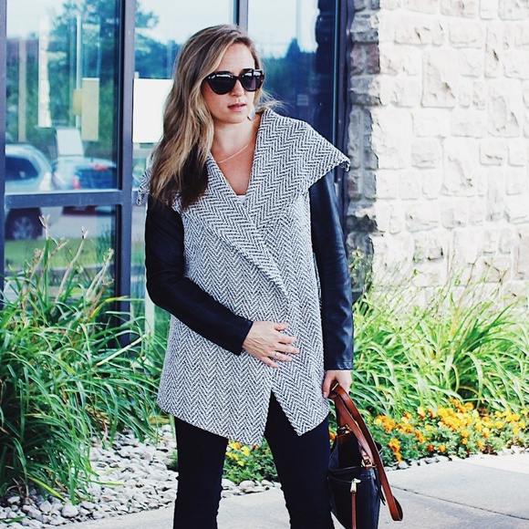 Open Front Cardigan w/Faux Leather Sleeves - Picture 1 of 3